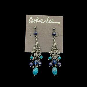 VTG Cookie Lee Earrings Teal Blue Chandelier Earrings Glass‎ Beads Silver Tone